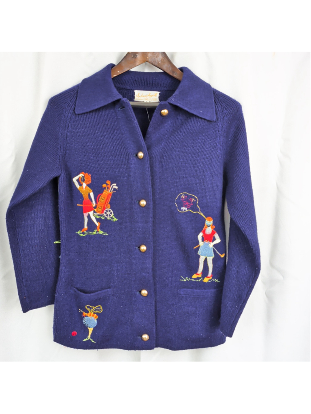 Ladies' Vintage Golf Accented Blue Cardigan Small